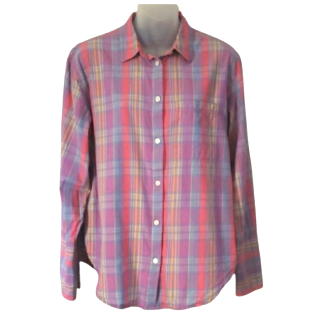 Vtg J.Crew Cotton Modal Blend Plaid Button Down Shirt in Pink Lilac Blue Multi